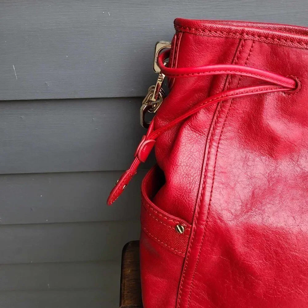 Cole Haan Red Leather Large Side Pull Drawstring Hobo Bag NWOT!